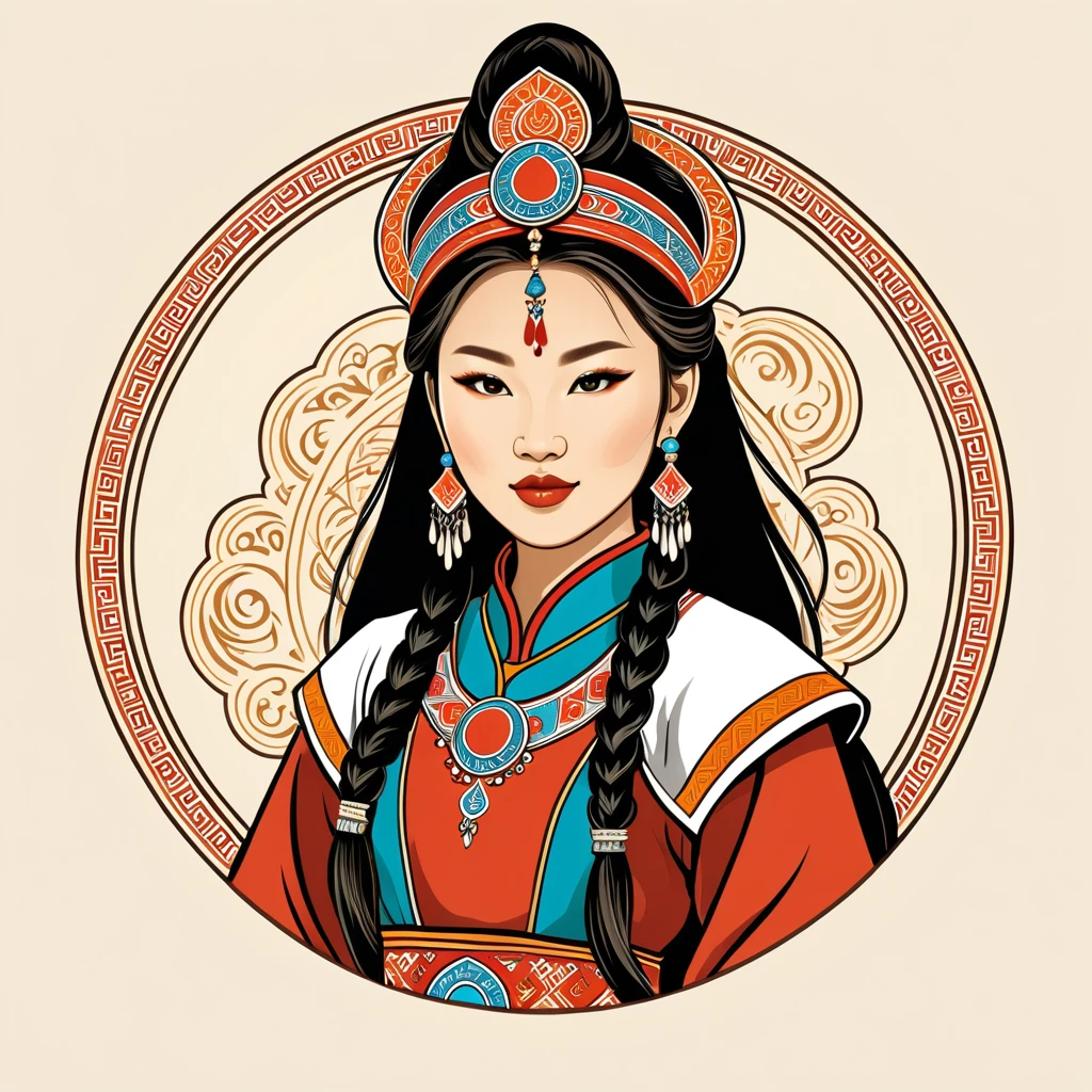 female enchanter in mongolian folk outfit, vector graphics, strong contours, logo design