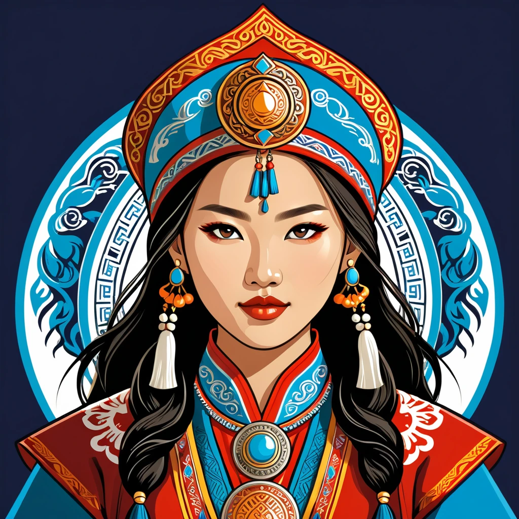 female enchanter in mongolian folk outfit, vector graphics, strong contours, logo design
