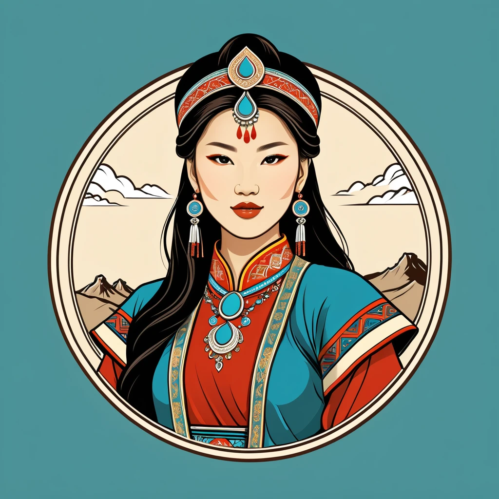 female enchanter in mongolian folk outfit, vector graphics, strong contours, logo design
