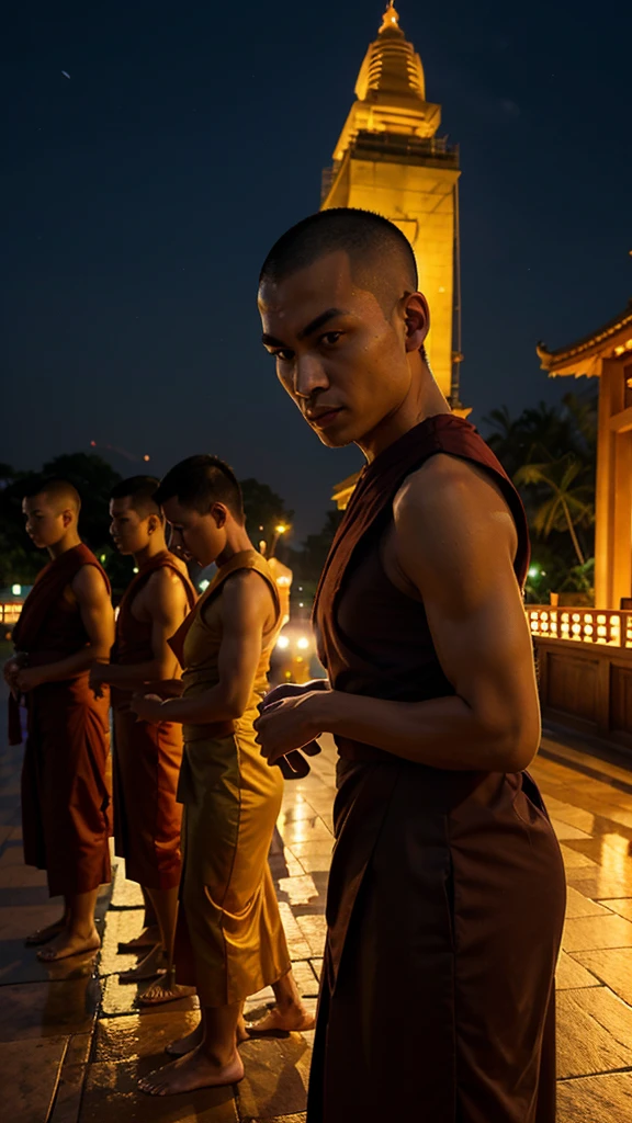 During Buddhist Lent, monks in Thailand dress modestly, but their bodies are not tight and their muscles are clearly visible. Five people with freshly shaved heads and eyebrows. The backdrop is a golden pagoda at night.