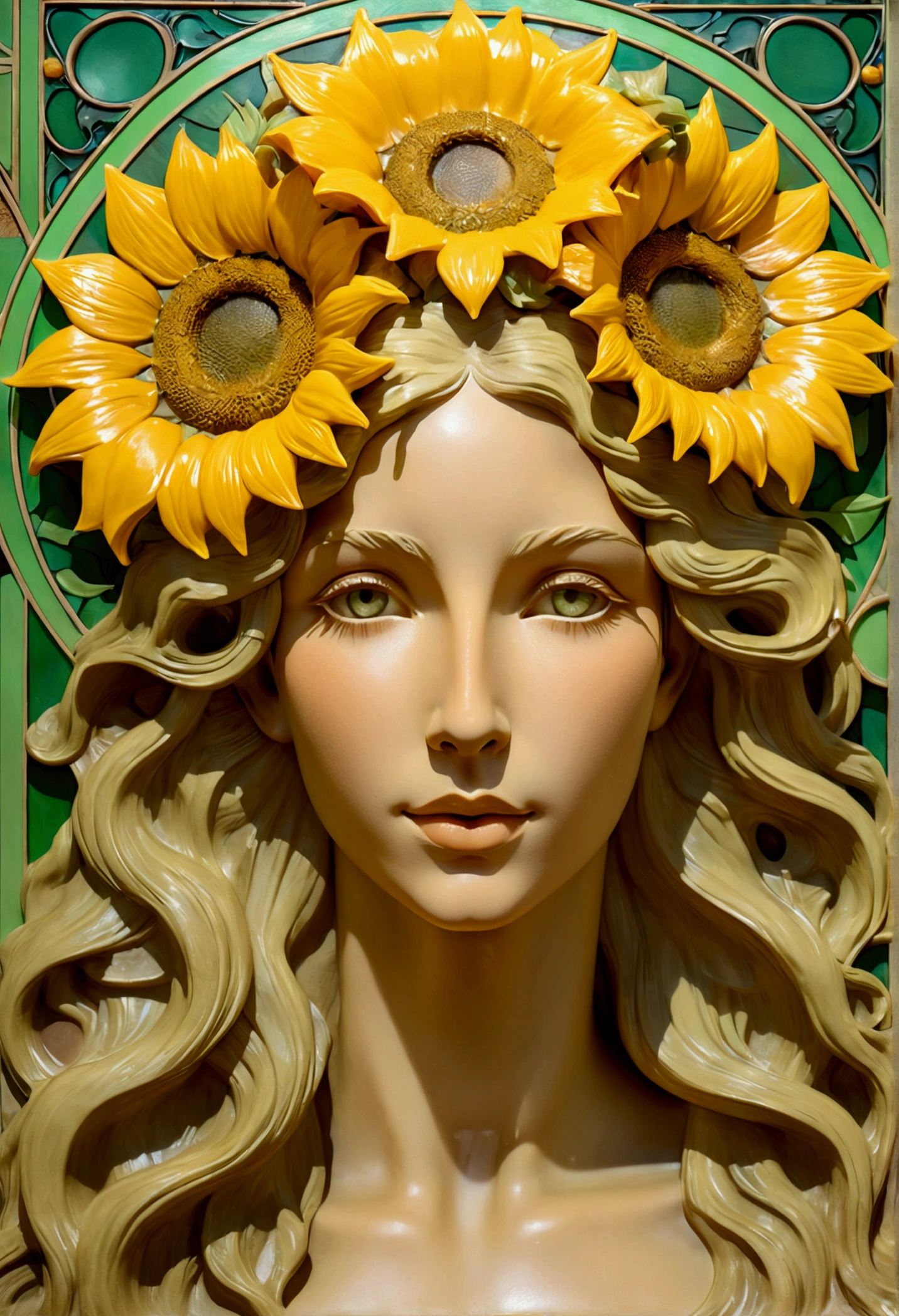 Portrait of the face of a European woman, long curly hair, blond, olhos verdes detailded, Sunflower flower molding , decorative panel, arte abstrata, by alphonse mucha (work of art, highest quallity, high resolution: 1.4), detailded, details Intricate, 4K, splash of color, line art, fibonacci, in underwear