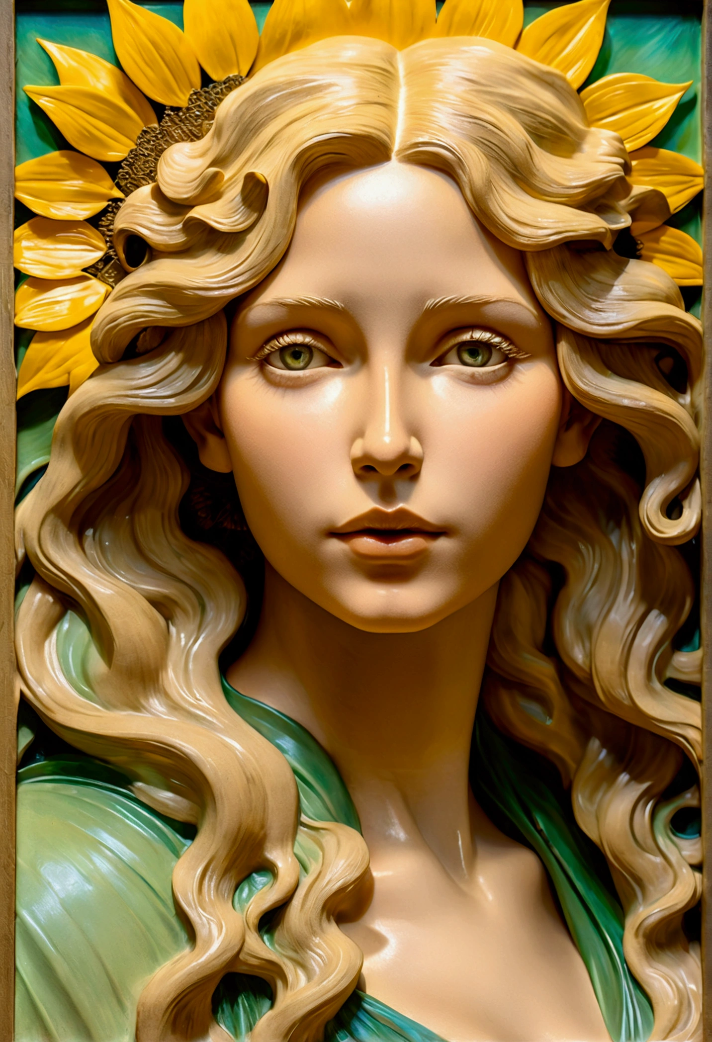 Portrait of the face of a European woman, long curly hair, blond, olhos verdes detailded, Sunflower flower molding , decorative panel, arte abstrata, by alphonse mucha (work of art, highest quallity, high resolution: 1.4), detailded, details Intricate, 4K, splash of color, line art, fibonacci, in underwear