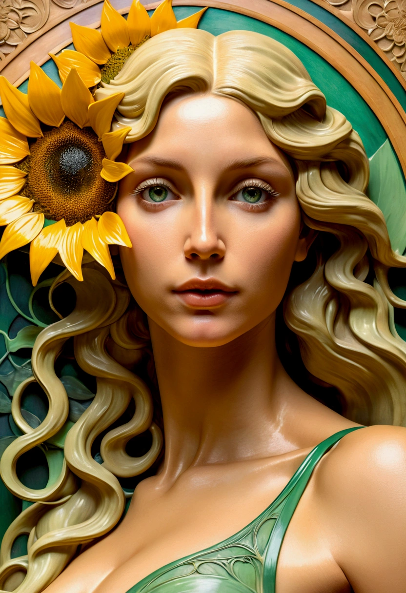 Portrait of the face of a European woman, long curly hair, blond, olhos verdes detailded, Sunflower flower molding , decorative panel, arte abstrata, by alphonse mucha (work of art, highest quallity, high resolution: 1.4), detailded, details Intricate, 4K, splash of color, line art, fibonacci, in underwear