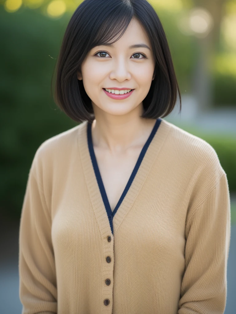 portrait, 8K, high quality, realistic photo image, 39 years old, Japan woman, neat and clean wife, small, housewife, reproduce natural and realistic eyes, Japan person stand, small, beautiful black hair, short hair, light makeup, octane rendering, beautiful lighting, golden ratio composition, smile, everyday wear, casual clothes, natural background, blurred background, 4k, high quality, realistic photo image, Japan woman, 37 years old, pure Japan face, lovely wife, upper body, small breasts, light makeup, suppin, neat beauty, mature woman, sober clothes, gray, beige, blue, sober, casual attire, smile, black hair, small black eyes, background blur