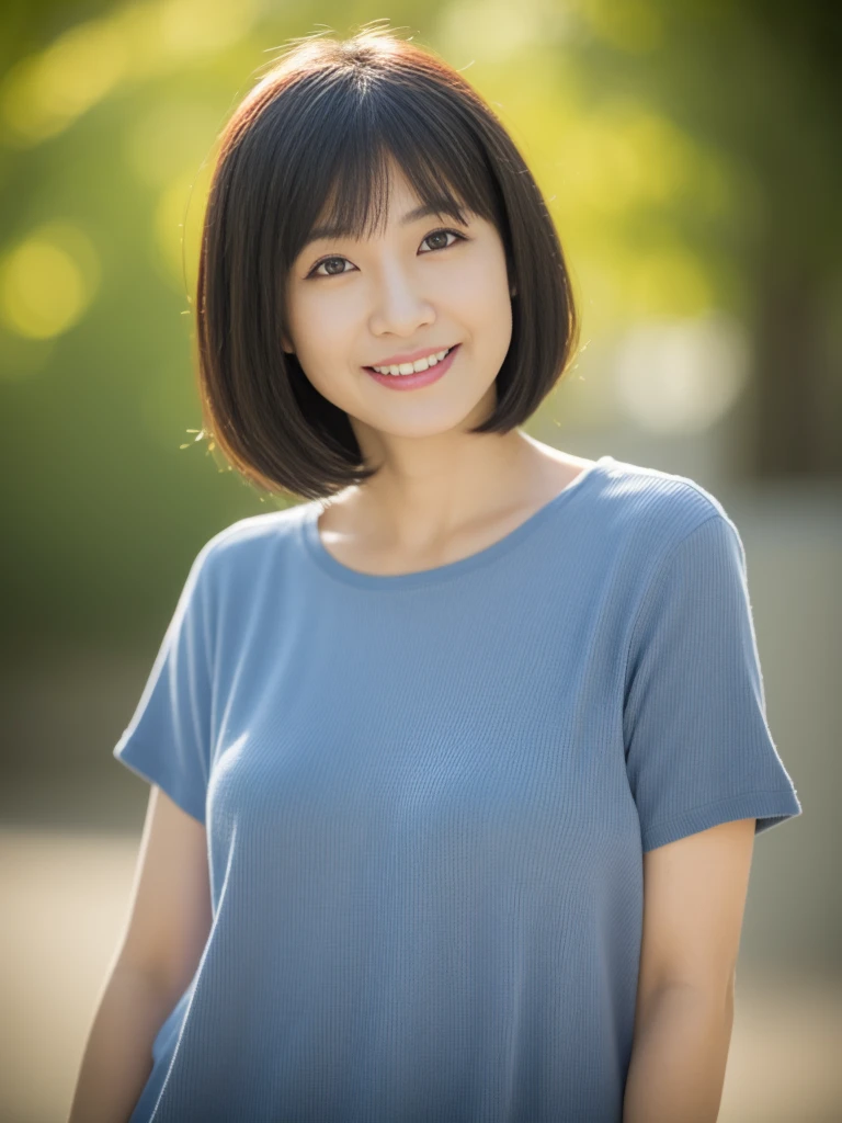 portrait, 8K, high quality, realistic photo image, 39 years old, Japan woman, neat and clean wife, small, housewife, reproduce natural and realistic eyes, Japan person stand, small, beautiful black hair, short hair, light makeup, octane rendering, beautiful lighting, golden ratio composition, smile, everyday wear, casual clothes, natural background, blurred background, 4k, high quality, realistic photo image, Japan woman, 37 years old, pure Japan face, lovely wife, upper body, small breasts, light makeup, suppin, neat beauty, mature woman, sober clothes, gray, beige, blue, sober, casual attire, smile, black hair, small black eyes, background blur
