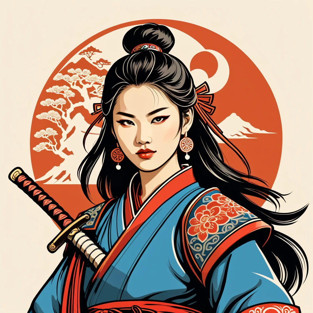 female samurai in mongolian folk outfit, vector graphics, strong contours, logo design