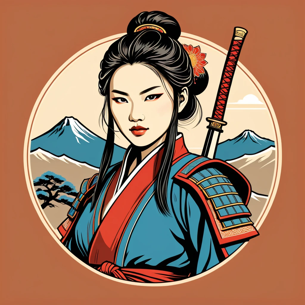 female samurai in olian folk outfit, vector graphics, strong contours, logo design