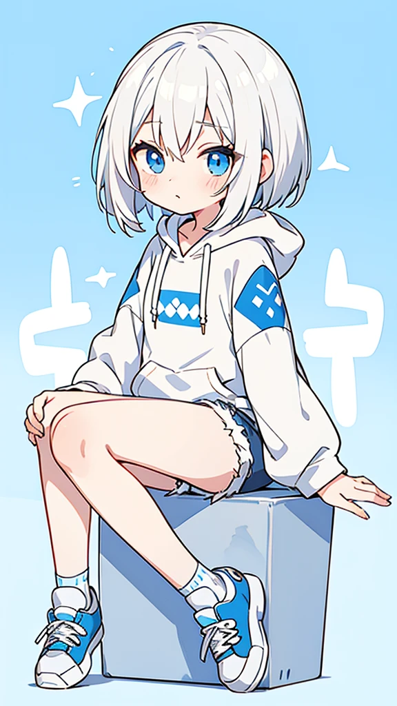White hair, Blue eyes, girl, bob, front, whole body,White hoodie, Gray shorts,White and blue shoes,(((Anime style))),cute,Blue Background,Sitting