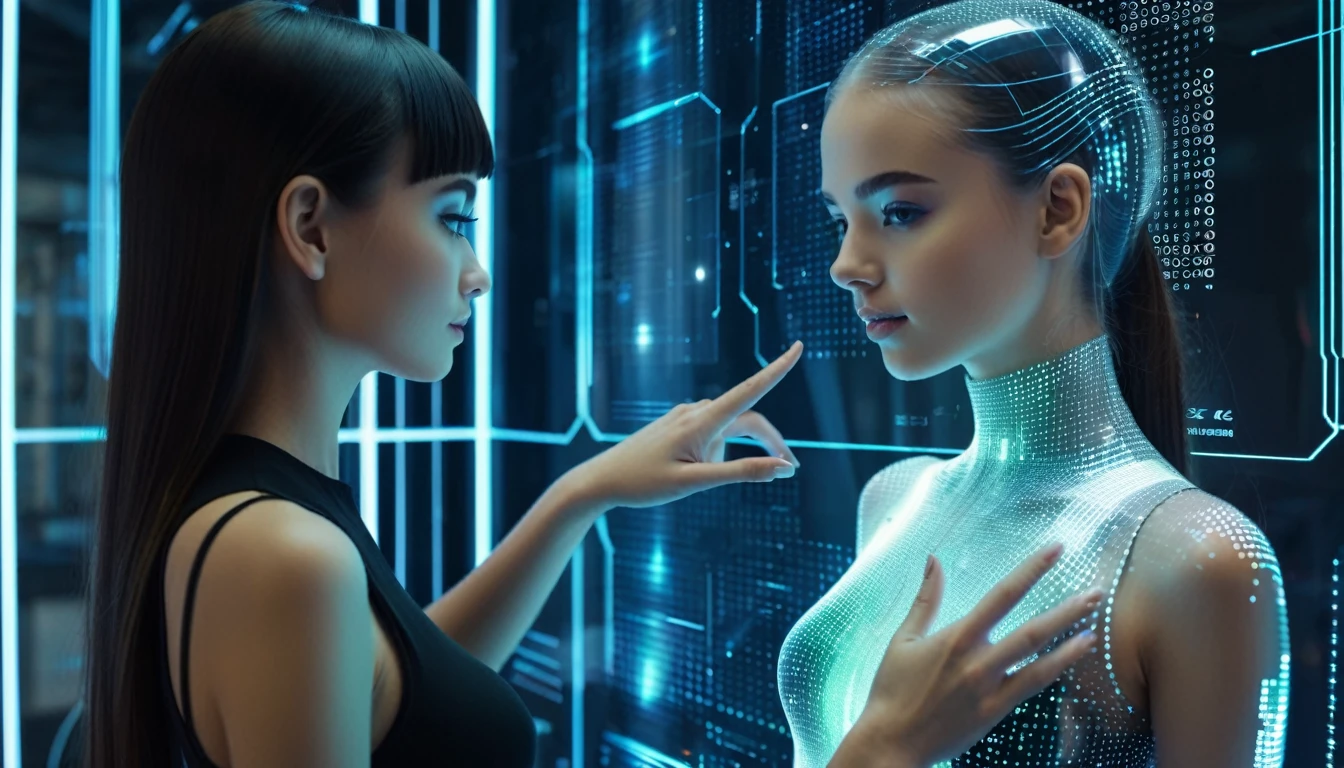 beautiful transparent holographic girl, in the futuristic lab computer, futuristic elektronics background, matrix number background, touching finger each other with the real beautiful girl