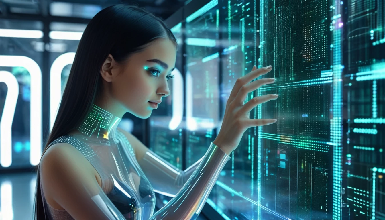 beautiful transparent holographic girl, in the futuristic lab computer, futuristic elektronics background, matrix number background, touching finger each other with the real beautiful girl