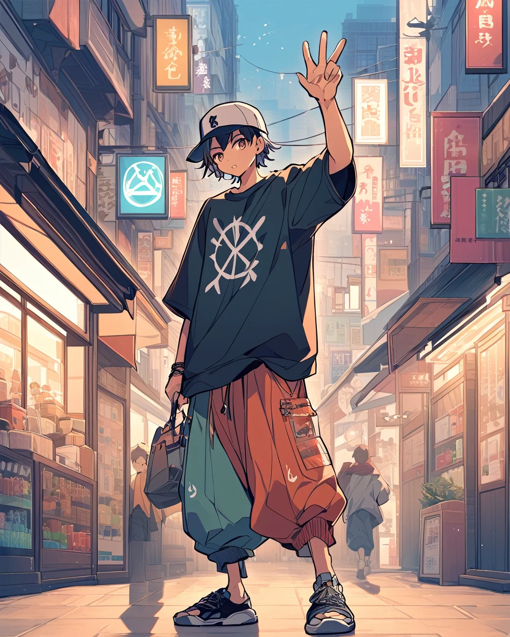 Create a detailed anime illustration of a boy with short hair standing in a vibrant, bustling urban street. He should be dressed in casual streetwear: a baseball cap, baggy pants, and a graphic t-shirt. The boy is holding up a peace sign with his right hand, his expression calm and slightly neutral. Use a two-tone pastel background to highlight the modern street scene, featuring various signs in Japanese, colorful storefronts, and a generally busy atmosphere.