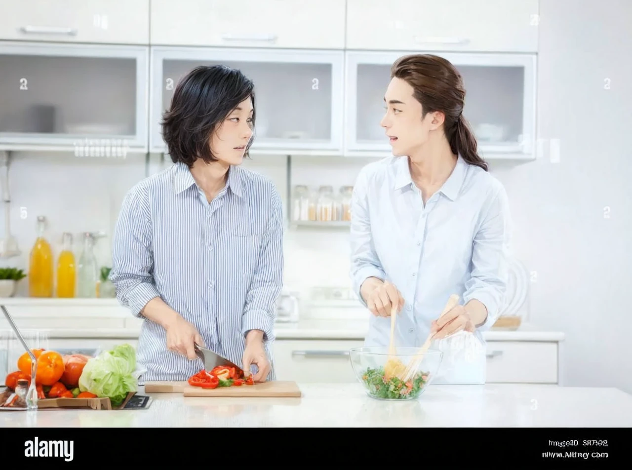 Please create an anime of a 20 years male anime around a table 