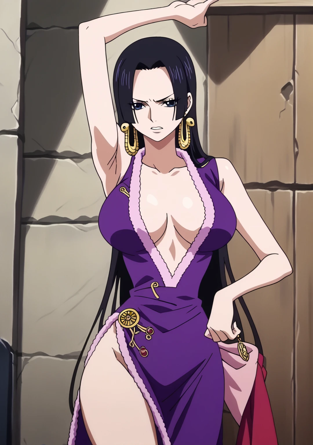 score_9, score_8_up, score_7_up, source_anime,masterpiece,best quality,highres,absurdres,official art,official style,source_anime,anime screencap,anime coloring,megami magazine,anime,animated,explicit, solo, boa_hancock,long hair, black hair, earrings, dress, jewelry, large breasts,