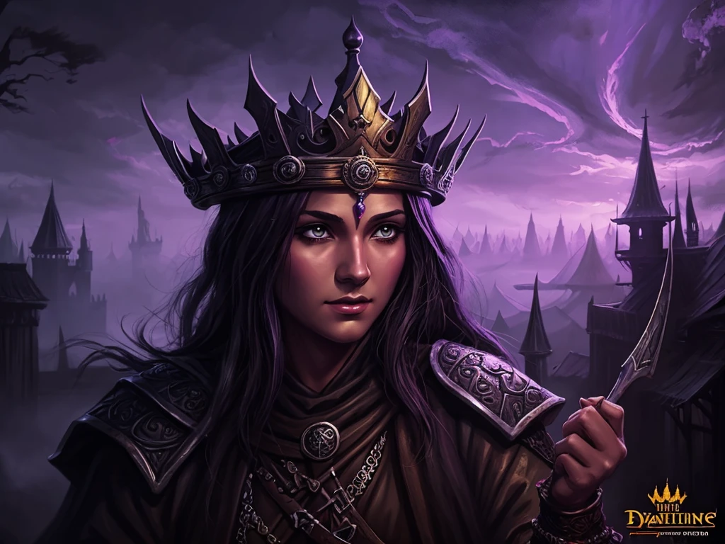 black oil crown made of knives, sickly purple fog light, magic item, antique crown, digital painting, fantasy art, dungeons and dragons, pathfinder cover art, D&D, magic the gathering, stylized
