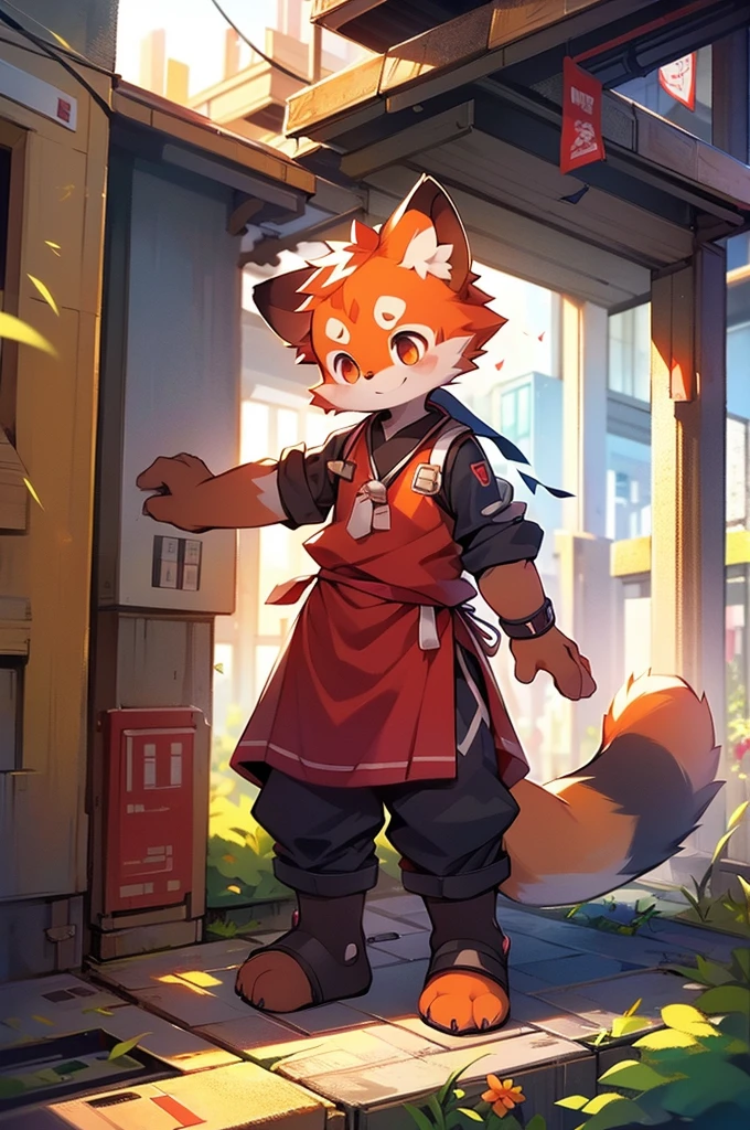 Red Panda Boy,8k resolution,Furry, Uniform attire,Red collar,feetは二つ,feetで立つ! towering,lanky,lanky,:slim body,:tall hands,feet,It's bright outside,Collapsed City,building,broken,・split arms,・bad anatomy,・bad body,quality , low quality , normal quality