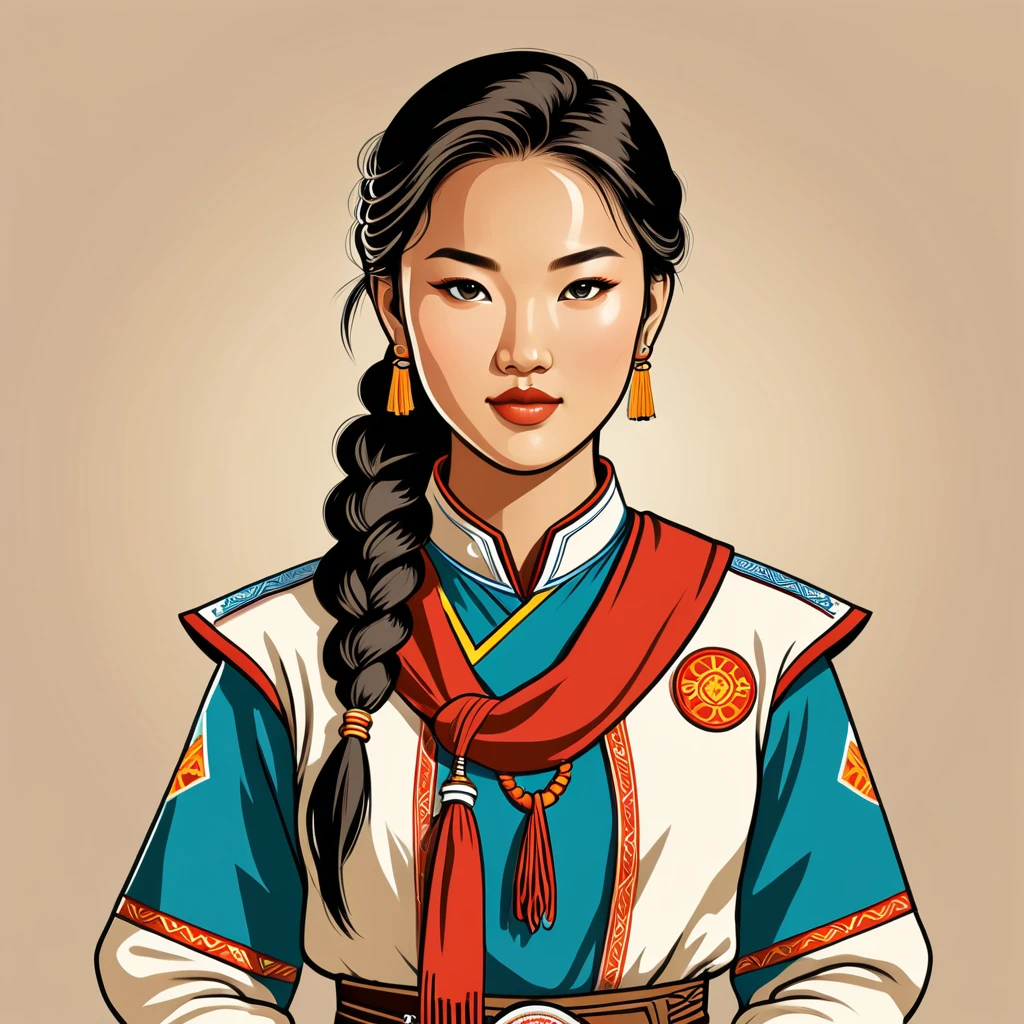 female scout in mongolian folk outfit, vector graphics, strong contours, logo design