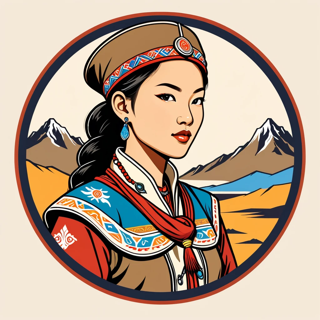female scout in mongolian folk outfit, vector graphics, strong contours, logo design