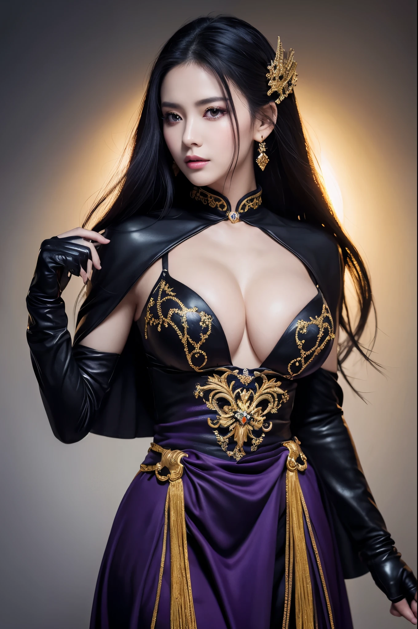 8k,Photorealistic RAW Photos Highest quality;1.4) (1 adult female) Super Beauty (A vivid face),Look at your face long blue-black hair The phantom empress with glowing purple eyes Black and silver aristocratic big breast look A black robe with a voice, Golden decoration Glare Big black and gold walking stick, Wearing black leather gloves Remains Gwaitz Style purple rouge Realistic Exact details,Beautiful expression Details of each part Ultra-high resolution 超Realistic Charm Instep Realistic Skin Fantasy Queen An inviting gaze Emphasize cleavage,Ultra-Realistic Skin,Compensate,masterpiece,Highest qualityのPhotorealisticなRAW Photos。Bright colors,Rich colors, Backlight, Cinema Lighting, Film Grain, 50mm lens, Nikon D850,Detailed character art,Fantasy art,Ultra-high resolution,Ultra-Realistic Skin,Perfect hand shape,Muscular Beauty,Dynamic fighting pose,