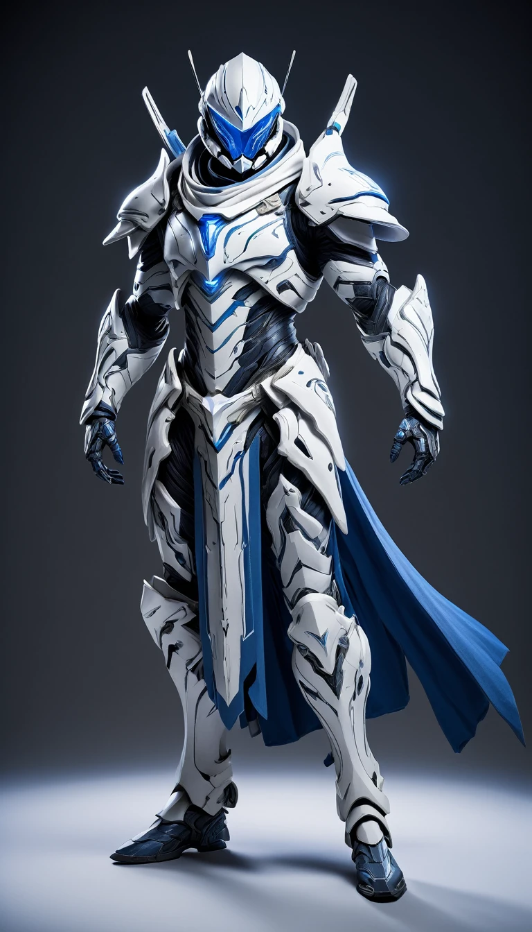 Masterpieces, White Knight, Commercial style shot, (Battle Priest in a warframe and halo style armor with a long bow), (white blue and silver color scheme), (white hood and cape), (action shot: drawing bow), (quiver on back), white and blue tabard (solid color background), centered, full body shot, (dynamic action stance pose), sci-fi knight, Halo master chief, vibrant colors, visible figure joints, cinematic shot, volumetric lighting, intricate pattern detail, highly detailed
