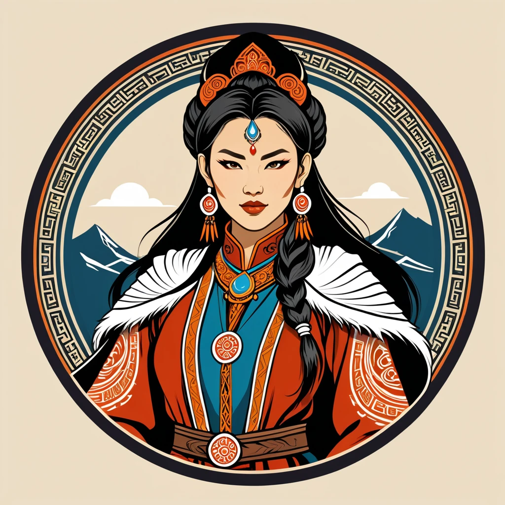 female warlock in mongolian folk outfit, vector graphics, strong contours, logo design
