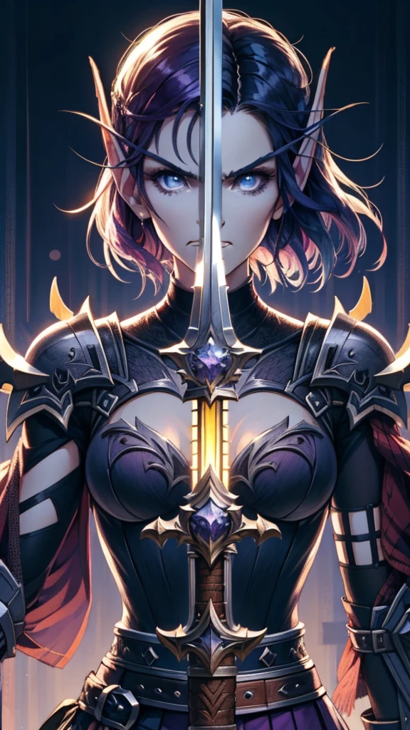 (1girl, purple hair, short hair, spiral eyes, angry, clenched teeth) (digital) (looking at viewer) (upper body) (standing), (Dark Purple Sparkling Forest background), (short skirt)) , best quality, pointy ears, colored skin, blue skin, glowing, cleavage, armor, Purple armor, gold trim, navel, voidelf, SplitScreen, split screen, Holding sword, swordup, long sword,