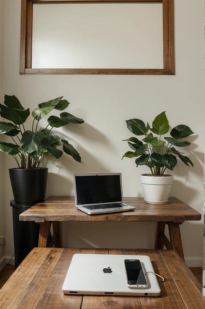 someone is using a laptop on a wooden table with a plant