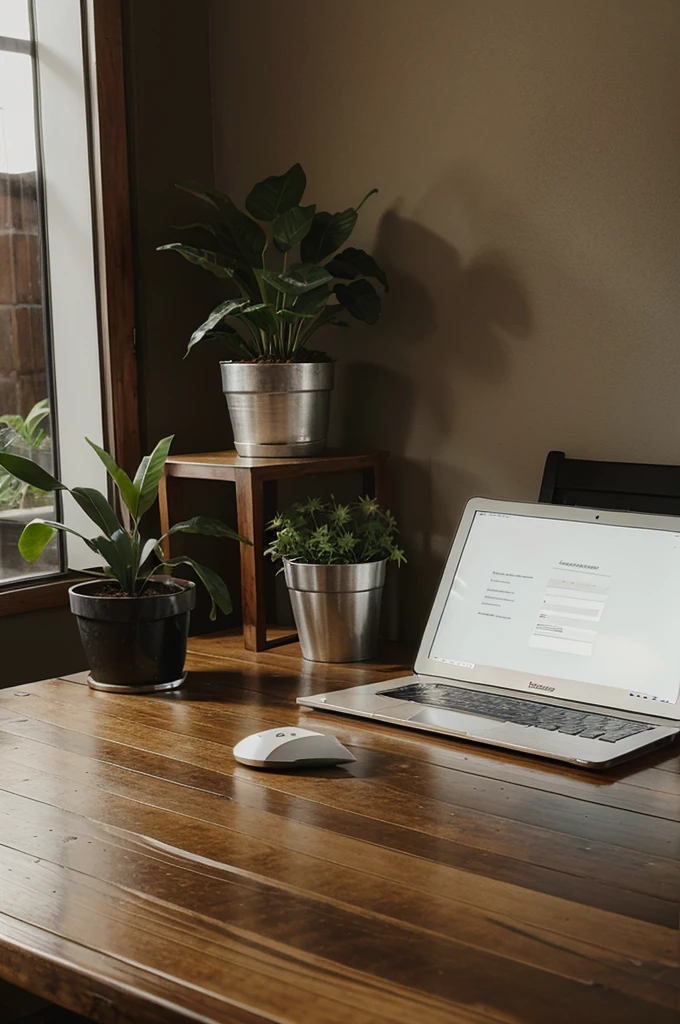 someone is using a laptop on a wooden table with a plant