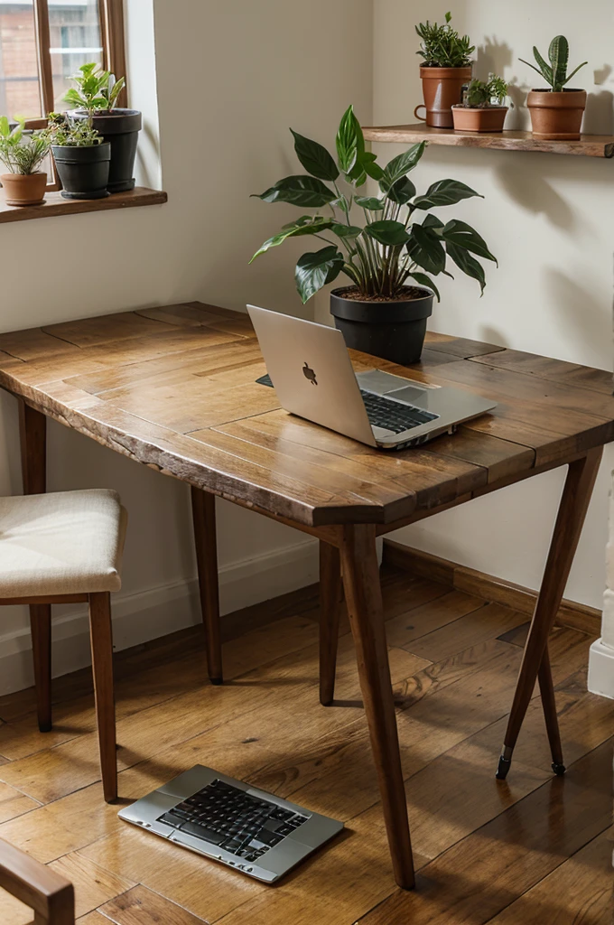 someone is using a laptop on a wooden table with a plant
