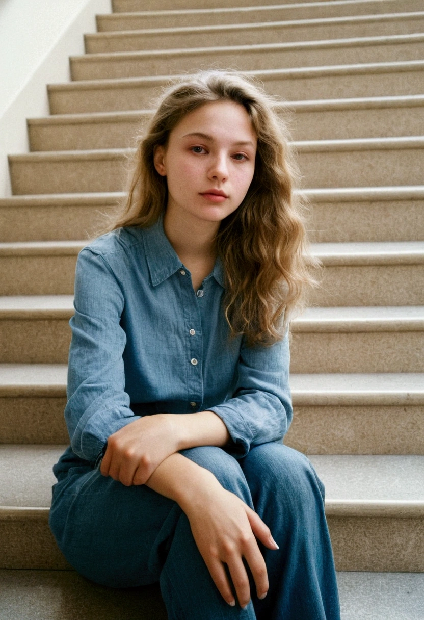 A raw and unedited photograph taken with a disposable cellphone camera, capturing a beautiful 23-year-old Russian woman with delicate features and natural skin, sitting on the stairs of a mall in a sweet and endearing pose; using the approach of street photography inspired by Henri Cartier-Bresson, the image embodies spontaneity and authenticity with a focus on her delicate hands, the natural lighting accentuates the real texture of her skin, ensuring a well-suited composition and adjusted framing that highlights her perfect proportions, evoking the candid and unrefined beauty characteristic of a casual moment.