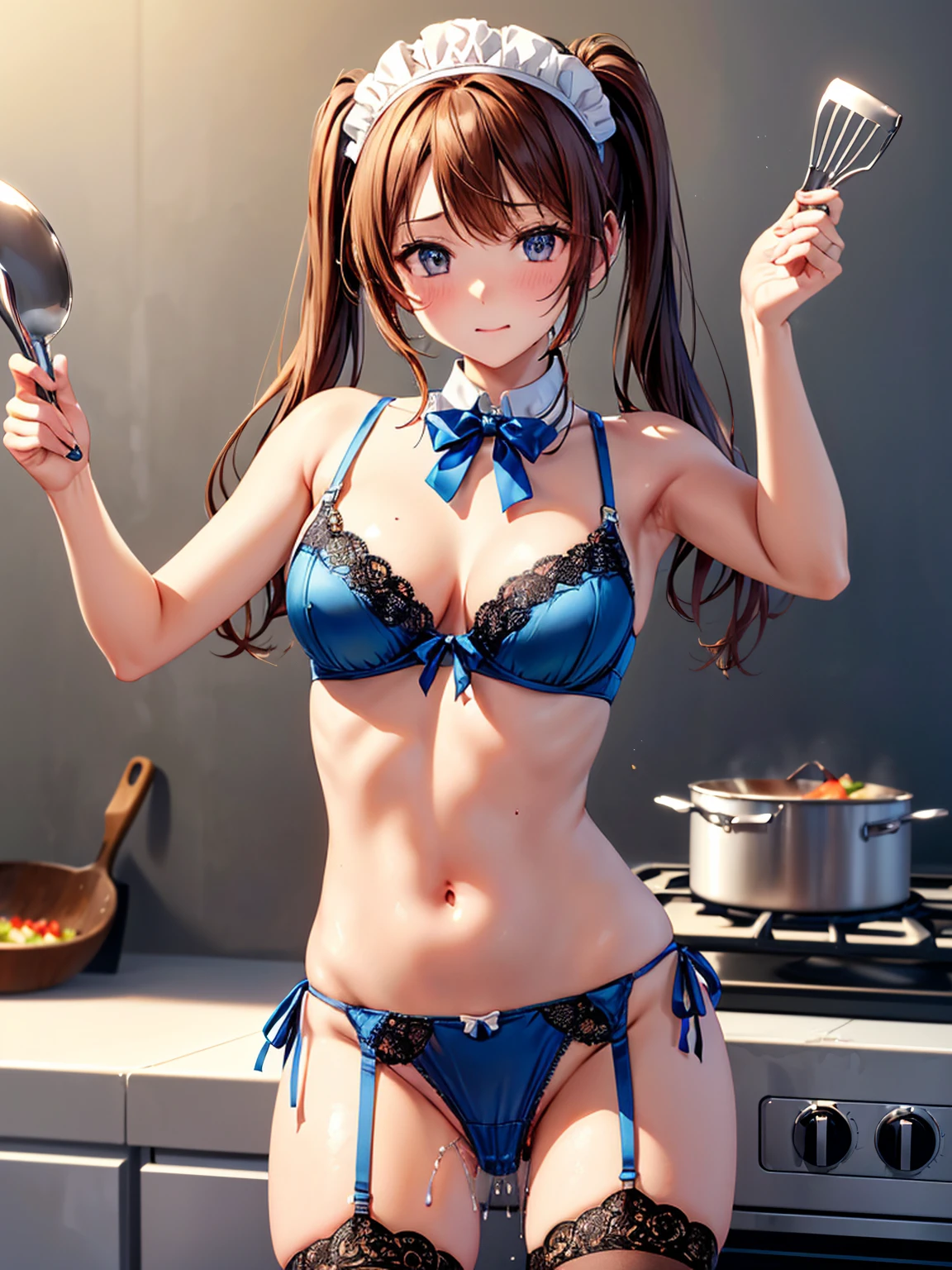 (((masterpiece, Highest quality, High resolution, 超High resolution, Perfect Pixel, Depth of written boundary, 4K, RTTX 10.0))), Beautiful Anime Woman, Beautiful art style, Anime characters, ((Smooth texture, Realistic texture, Anime CG Style)), Exact finger count、Exact number of legs、(Exact number of arms:1.0, Exact number of hands:1.0), (Perfect hands, Perfect Anatomy), Cinematic, Realistic, Extremely detailed CG, Daytime lighting, Perfect lighting, Best Shadow, The best natural light, whole body, Perfect body, バランのとれたPerfect body, Perfectly balanced style, Slender body, ((Long Hair, bangs, Reddish brown hair, Twin tails)), ((1人のかわいい女性はIn the middle of cookingでこちらを向いて立っている, Holding cooking utensils:1.8)), (Sex toy in panties,vibrator:1.8), remote_vibrating, (pussy juice:1.8), ((Bow tie around neck, High heels:1.3), (Sexy and cute blue underwear:1.3), (Stylish shiny blue satin panties, Side-tie panties, Panties with plain blue center and lace decoration on the sides:1.3), (Thin panties:1.3), (Blue micro lace satin bra, Blue bra with lace trim, Thin bra:1.3), (garter belt, Black knee socks:1.3):1.3), (Beautiful big , Cleavage:1.1), (Embarrassed expression:1.7), blush, (sexual pleasure expression:1.7), (Facial expressions holding back pee:1.7), (Look up:1.2), Half-close your eyes, (Stylish kitchen, In the middle of cooking, Dishes lined up in the kitchen:1.5), naked, In underwear, Waitress in underwear, (Frilly maid-like headband:1.2), Angle from the front