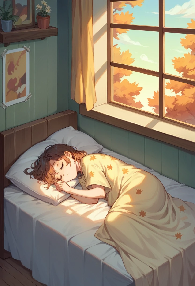 Mother holding sleeping baby,sleep well,Comfortable room,White sheets,Family photos hanging on the wall,Flower pattern on the wall,The sky is clear outside the window,You can see the leaves on the trees turning yellow in autumn.