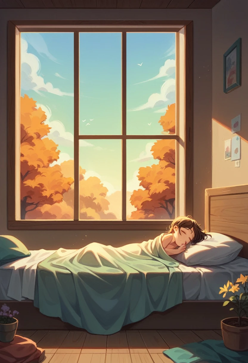 Mother holding sleeping baby，sleep well，Comfortable room，White sheets，Family photos hanging on the wall，Flower pattern on the wall，The sky is clear outside the window，You can see the leaves on the trees turning yellow in autumn.