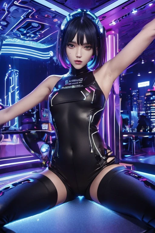 (Very detailed CG Unity 8k wallpaper), (Very detailed), masterpiece, Highest quality, Lucy (cyber punk),Casino scene in Las Vegas in the background,20 year old girl,((Slender body:1.5)),((small :1.5),alone,(pole dancing),dancer,((pole dancer)),Dancing on stage,Dancing on the stage,stripper,A dancer whose body is entangled with a pole in pole dancing,Bodysuits, Small , cyber punk city, Multicolored Hair, short hair, View your viewers, Medium , black Bodysuits, Grey Eyes, Hip vents, ((Spread your legs wide)),Clothing cutouts, Thigh Gap, Covered navel, White jacket, Exposing shoulders, Short shorts, sofa,(pole dancing),pole dancer