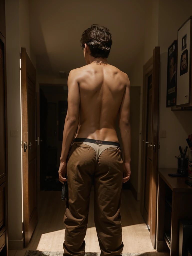 Movie poster,1 Korean teenage boy actor standing turn back sideways nude ass, light brown tanga underwear, **and 2 clothes females vampire hunter uniform, horror movie theme poster