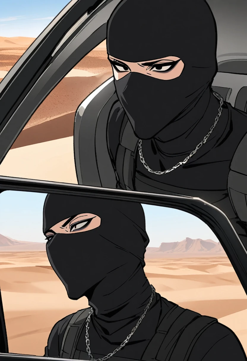 Male arab modern terrorist, terrorist, black balaclava, black armband, black clothes, thin waist, skinny body, a femboy, bright skin, draw up, black eyeliner, big eyelashes, black eye shadow, metal necklace, fair tanned skin, Inside the car, desert, Black jacket