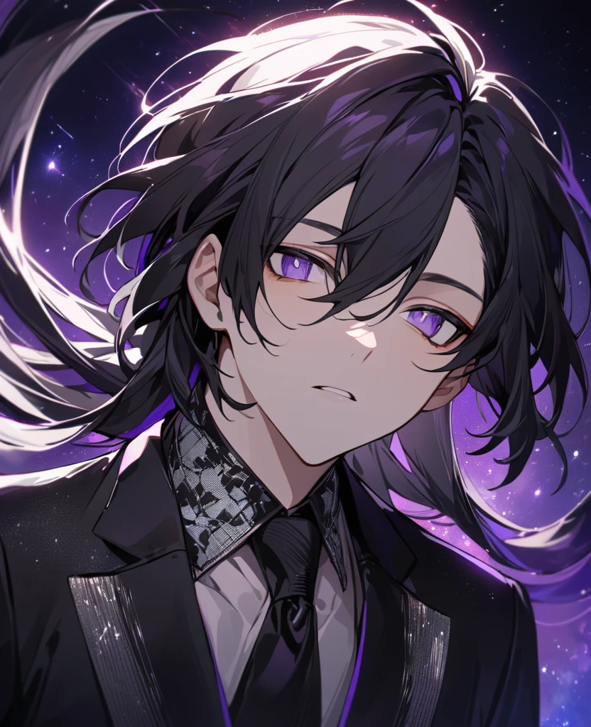 (black_hair), (long_male_hair), (deep_purple_eyes), (high_detailed_eyes), (attractive), (emotionless), (Deep_space_background), (male), (wearing _a_black_suit), (long_male_hair), (detailed_Hair), (detailed), (detailed_mouth), (close_up), (vertical_slit_pupils)