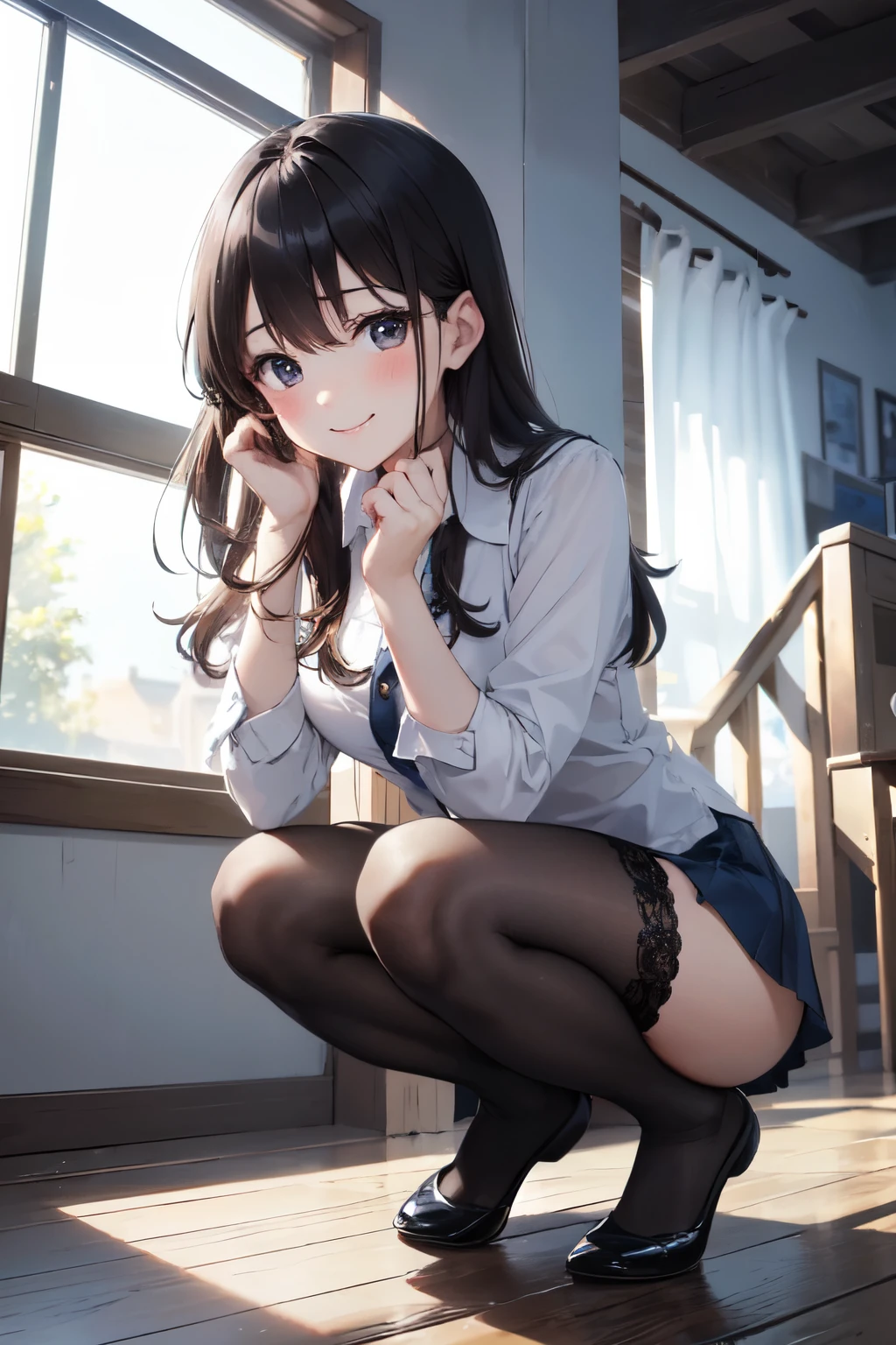 very cute and beautiful girl,(Very detailed美しい顔), (smile),blush,Black Hair,Seraphim,(White Shirt、Pleated navy blue pread your legs、Squat)、Sitting、(From below)、(Black tights、Lacy white ), Country road, (Highest quality,masterpiece:1.0),Absurd,High resolution,Super detailed,Very detailed,32K,8k resolution, Intricate details,Movie Scenes,Detailed Background,alone,Dynamic Angle,