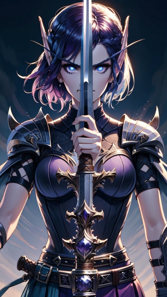 (1girl, purple hair, short hair, spiral eyes, angry, clenched teeth) (digital) (looking at viewer) (upper body) (standing), (Dark Purple Sparkling Forest background), (short skirt)) , best quality, pointy ears, colored skin, blue skin, glowing, cleavage, armor, Purple armor, gold trim, navel, voidelf, SplitScreen, split screen, Holding sword, swordup, long sword,