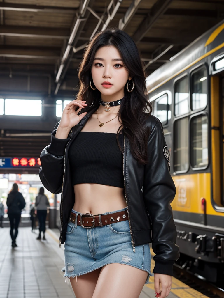 (Ultra-detailed eyes), (((textile shading))), (((Best Quality))), (((masterpiece))), (((Ultra realistic))), fat, sassy girl, street girl, black long straight hair, Emo Pin up Girl, pink bow top, mini skirt, ribbed hand warmers, chocker, studded checker belt, bat earrings y2k edition, black and pink outfit colors, Striking a pose, natural make up, skinny fat innocent, in a haunted rail station, heavenly, midshot, centered image, good girl, innocent girl, front look