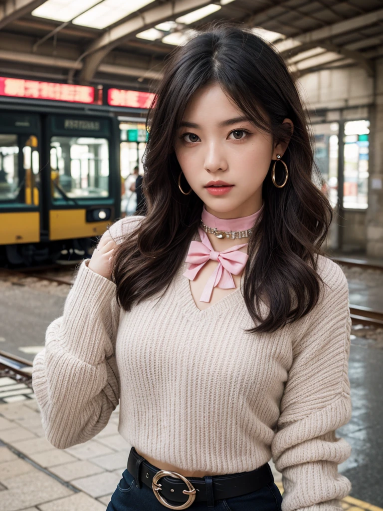 (Ultra-detailed eyes), (((textile shading))), (((Best Quality))), (((masterpiece))), (((Ultra realistic))), fat, sassy girl, street girl, black long straight hair, Emo Pin up Girl, pink bow top, mini skirt, ribbed hand warmers, chocker, studded checker belt, bat earrings y2k edition, black and pink outfit colors, Striking a pose, natural make up, skinny fat innocent, in a haunted rail station, heavenly, midshot, centered image, good girl, innocent girl, front look