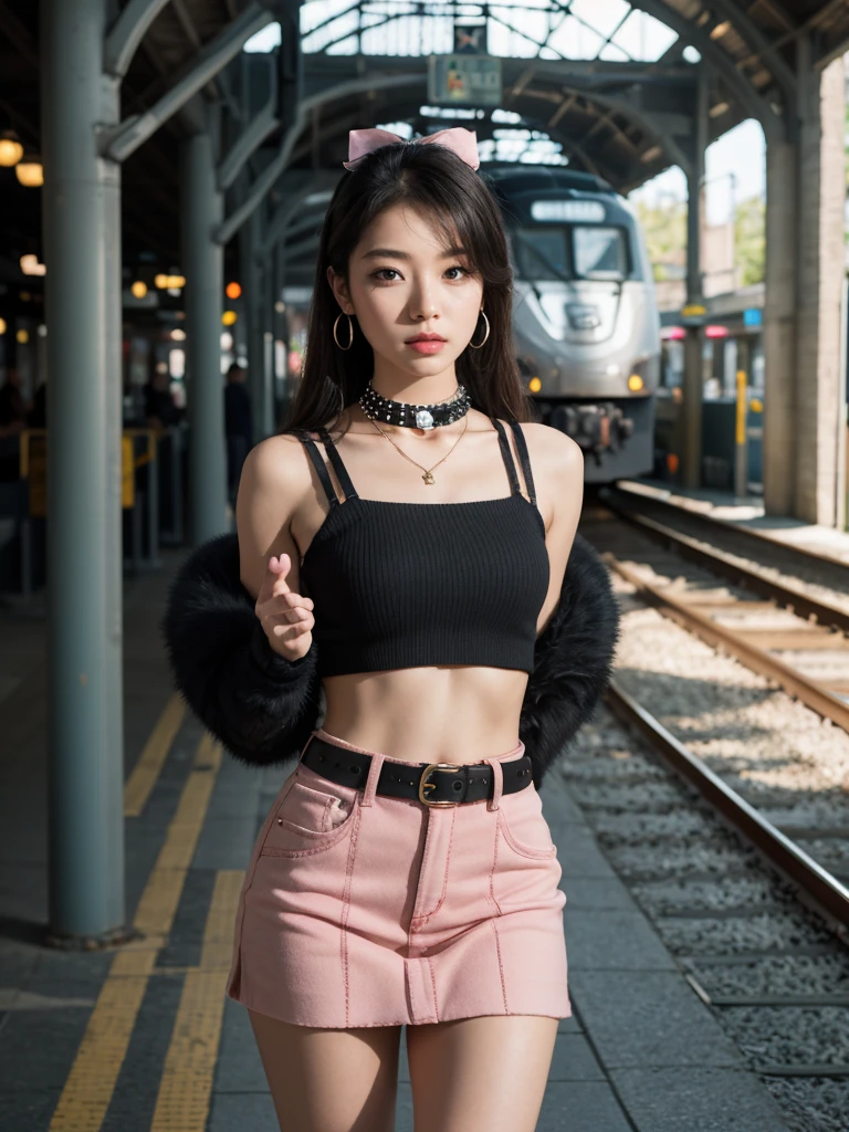 (Ultra-detailed eyes), (((textile shading))), (((Best Quality))), (((masterpiece))), (((Ultra realistic))), fat, sassy girl, street girl, black long straight hair, Emo Pin up Girl, pink bow top, mini skirt, ribbed hand warmers, chocker, studded checker belt, bat earrings y2k edition, black and pink outfit colors, Striking a pose, natural make up, skinny fat innocent, in a haunted rail station, heavenly, midshot, centered image, good girl, innocent girl, front look