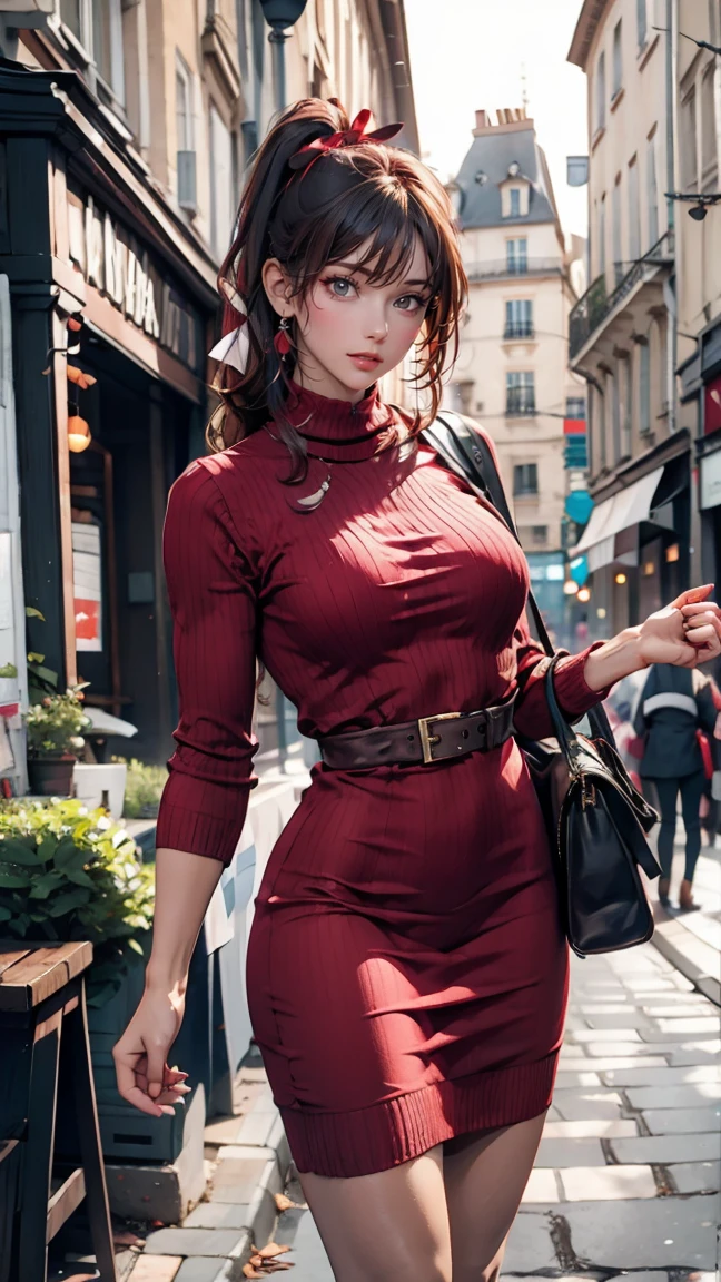 24-year-old female、Sexy proportions、Sexy、Long eyelashes、Narrow waist、Side Ponytail((side ponytail))、hair band((hair ribbon))、Red hair、Textured skin((textured skin))、Red knit dress((knit dress))、Exposed thighs、Stiletto heels、Clutch bags、Paris alley background in france