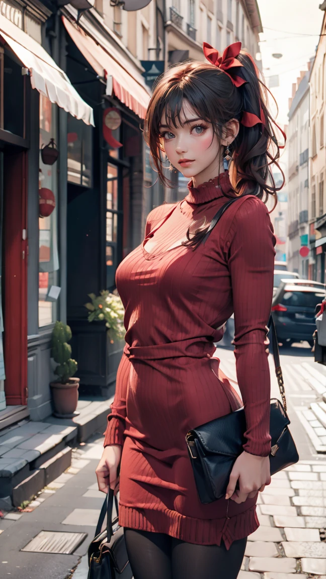 24-year-old female、Sexy proportions、Sexy、Long eyelashes、Narrow waist、Side Ponytail((side ponytail))、hair band((hair ribbon))、Red hair、Textured skin((textured skin))、Red knit dress((knit dress))、Exposed thighs、Stiletto heels、Clutch bags、Paris alley background in france