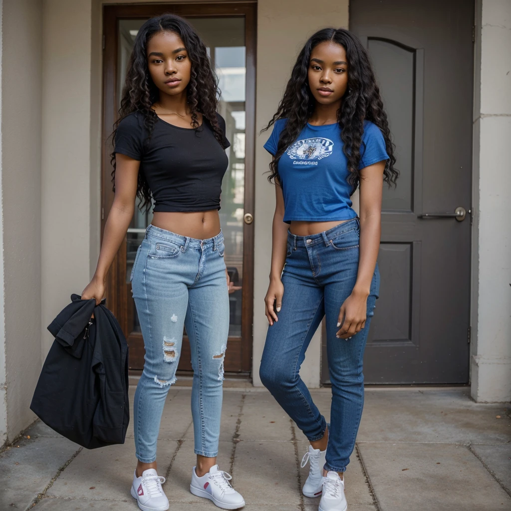 masterpiece, best quality, 1 girl, solo, beautiful African and sensual Asian mixed 19 year old, ebony skin female, wearing blue t-shirt, jeans an tennis shoes, standing, long, frizzy, curly dark hair, perfect face, long hair
