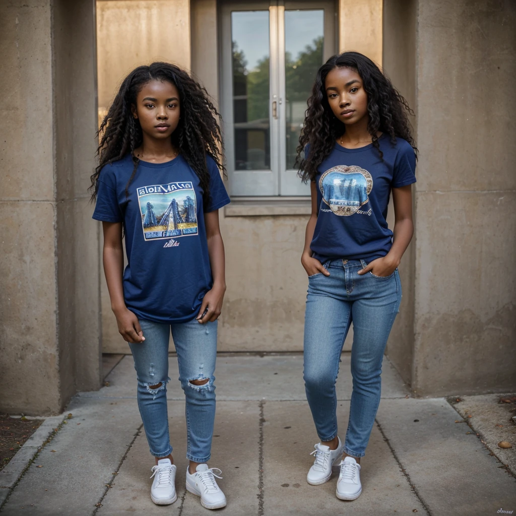 masterpiece, best quality, 1 girl, solo, beautiful African and sensual Asian mixed 19 year old, ebony skin female, wearing blue t-shirt, jeans an tennis shoes, standing, long, frizzy, curly dark hair, perfect face, long hair
