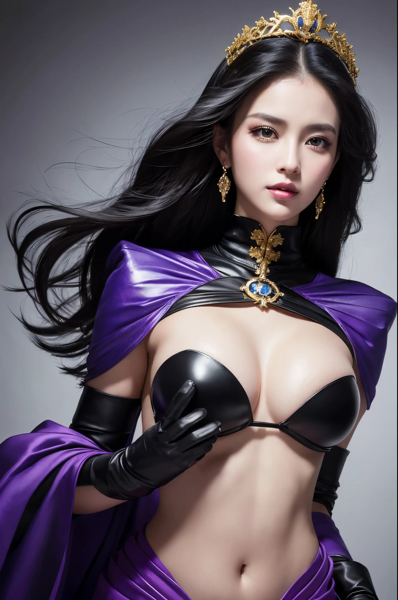 8k,Photorealistic　RAW Photos　Highest quality;1.4) 　(1 adult female)　Super Beauty　(A vivid face),Look at your face　long blue-black hair　The phantom empress with glowing purple eyes　Black and silver aristocratic big breast look　A black robe with a voice,　Golden decoration　Glare　Big black and gold walking stick,　Wearing black leather gloves　Remains　Gwaitz Style　purple rouge　Realistic　Exact details,Beautiful expression　Details of each part　Ultra-high resolution　超Realistic　Charm　Instep　Realistic Skin　Fantasy Queen　An inviting gaze　Emphasize cleavage,Ultra-Realistic Skin,Compensate,masterpiece,Highest qualityのPhotorealisticなRAW Photos。Bright colors,Rich colors, Backlight, Cinema Lighting, Film Grain, 50mm lens, Nikon D850,Detailed character art,Fantasy art,Ultra-high resolution,Ultra-Realistic Skin,Perfect hand shape,Muscular Beauty,Dynamic fighting pose,