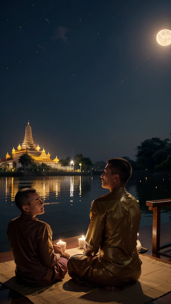 During Buddhist Lent, monks in Thailand meditate, wearing modest clothing but not wearing angsa. has clear muscles His face was handsome, smiling brightly and looking happy while meditating. Three people had their heads freshly shaved and their eyebrows shaved. The backdrop was a golden pagoda at night. There was a full moon floating in the middle of a sky filled with twinkling stars.
