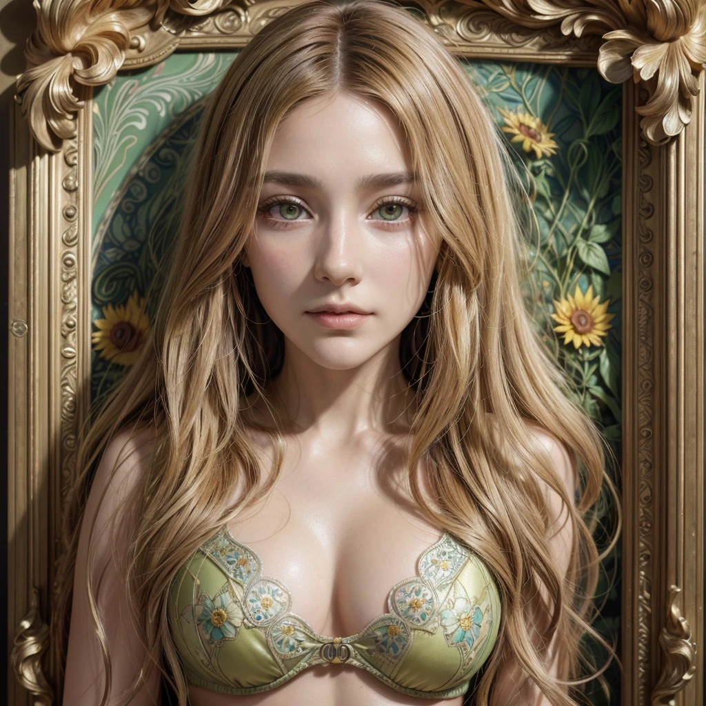 Portrait of the face of a European woman, long curly hair, blond, olhos verdes detailded, Sunflower flower molding , decorative panel, arte abstrata, by alphonse mucha (work of art, highest quallity, high resolution: 1.4), detailded, details Intricate, 4K, splash of color, line art, fibonacci, In watercolor underwear