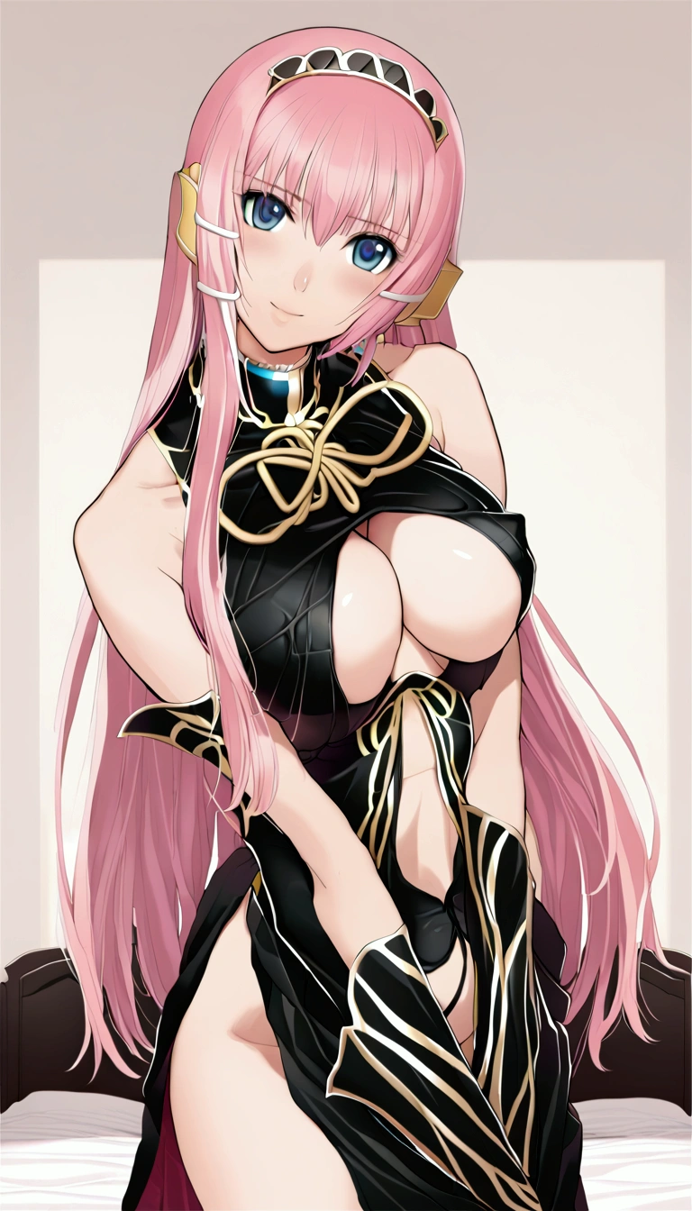 masterpiece,Beautiful adult woman ,Megurine Luka,E cup breasts,Pink long hair,blue eyes,Megurine Luka's official costume,Black costume,Gold decoration,smile,front,Bedroom,