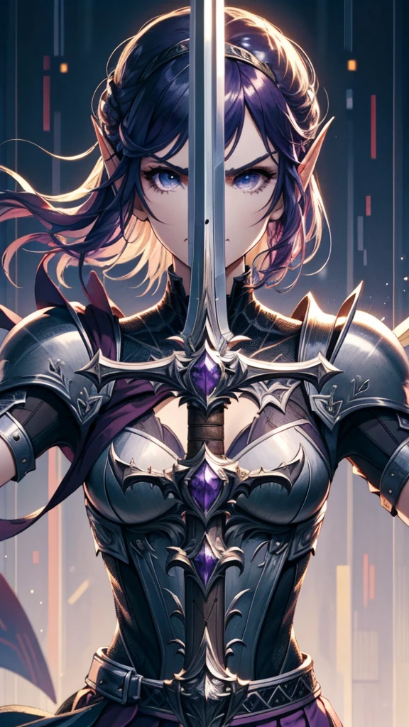 (1girl, purple hair, short hair, spiral eyes, angry, clenched teeth) (digital) (looking at viewer) (upper body) (standing), (Dark Purple Sparkling Forest background), (short skirt)) , best quality, pointy ears, colored skin, blue skin, glowing, cleavage, armor, Purple armor, gold trim, navel, voidelf, SplitScreen, split screen, Holding sword, swordup, long sword,